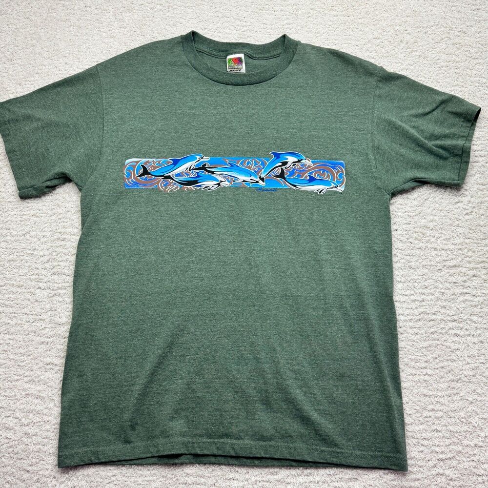 Vtg Fruit Of The Loom T-shirt Mens Sz L Dolphins Hawaii Green EUC #1614 D